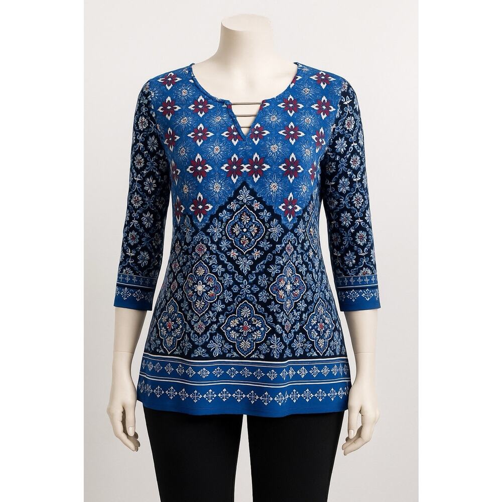 Women’s Blue Floral Print Tunic Top Estimate Large 3/4 Sleeve Lightweight Boho